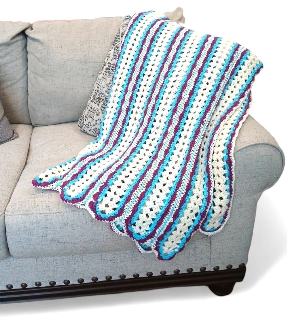 Cozy Crochet Afghan Throw Blanket 68x37 Blue White Stripe Scallop Hippie Granny